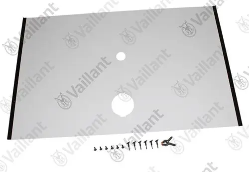 Vaillant Abdeckung aus Metall mit zwei Öffnungen und Befestigungsschrauben, geeignet für eine Heizungsinstallation.